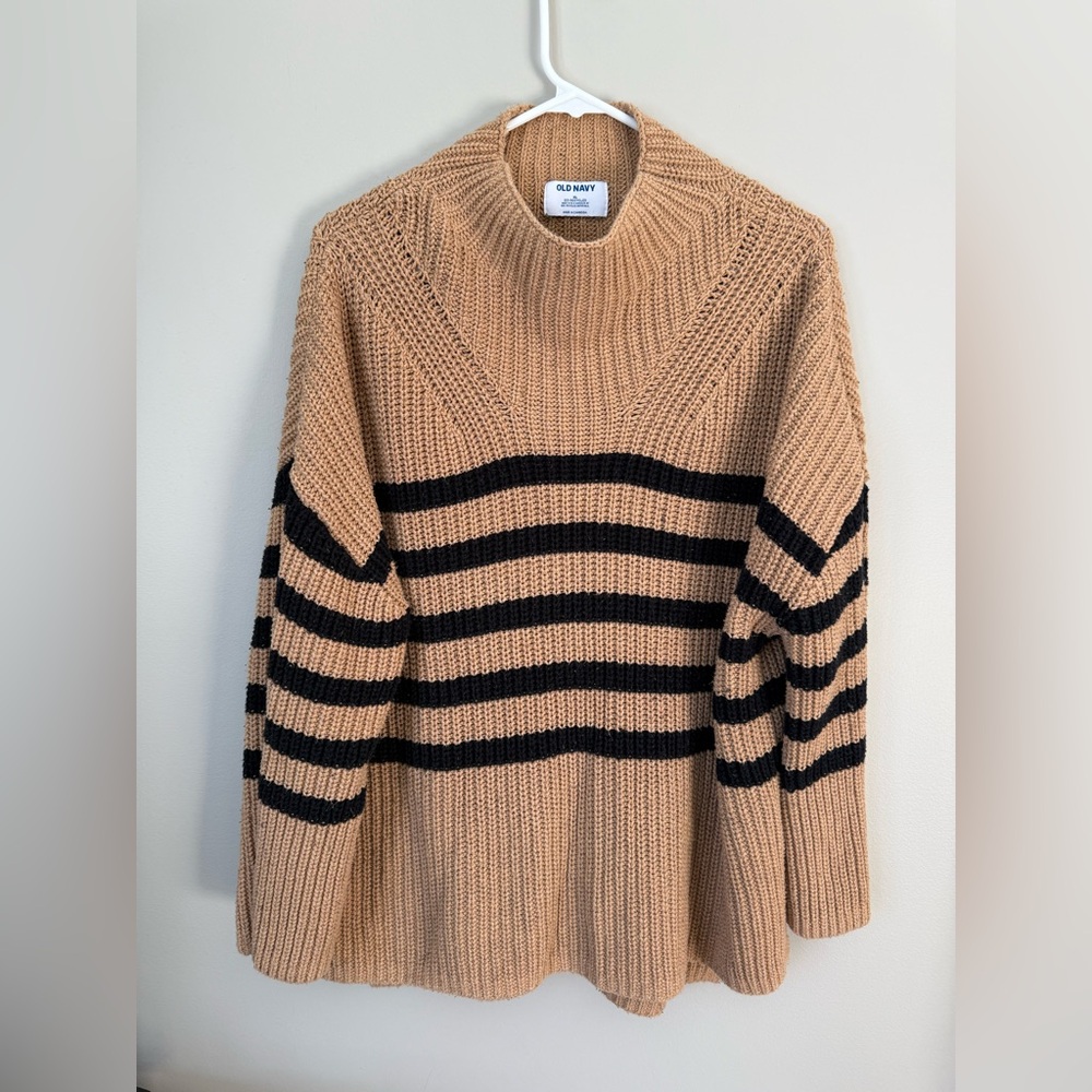 Old Navy Women’s XL Camel & Black Chunky Knit Striped Dolman Mock-neck Pullover